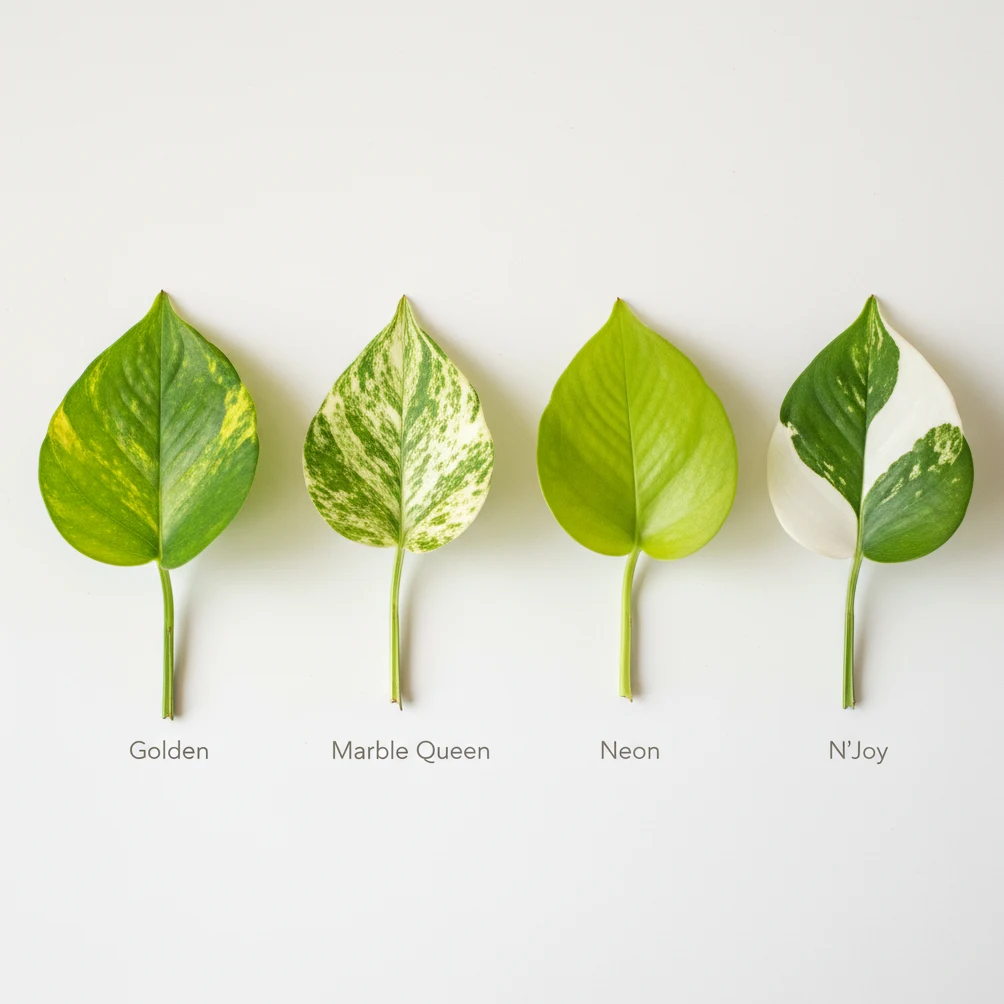 Comparaison des 4 cultivars de Pothos : Golden, Marble Queen, Neon et N'Joy côte à côte