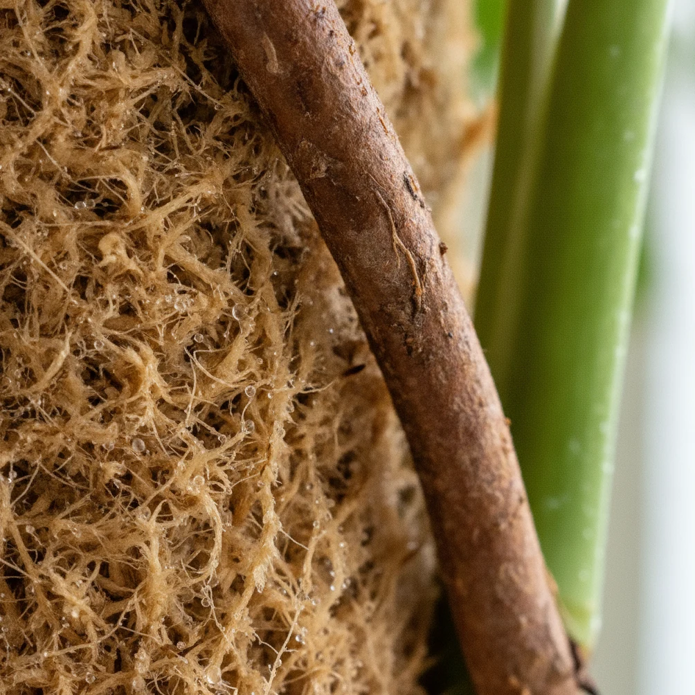 Gros plan sur les racines aériennes d'un Monstera deliciosa émergeant d'un noeud de tige