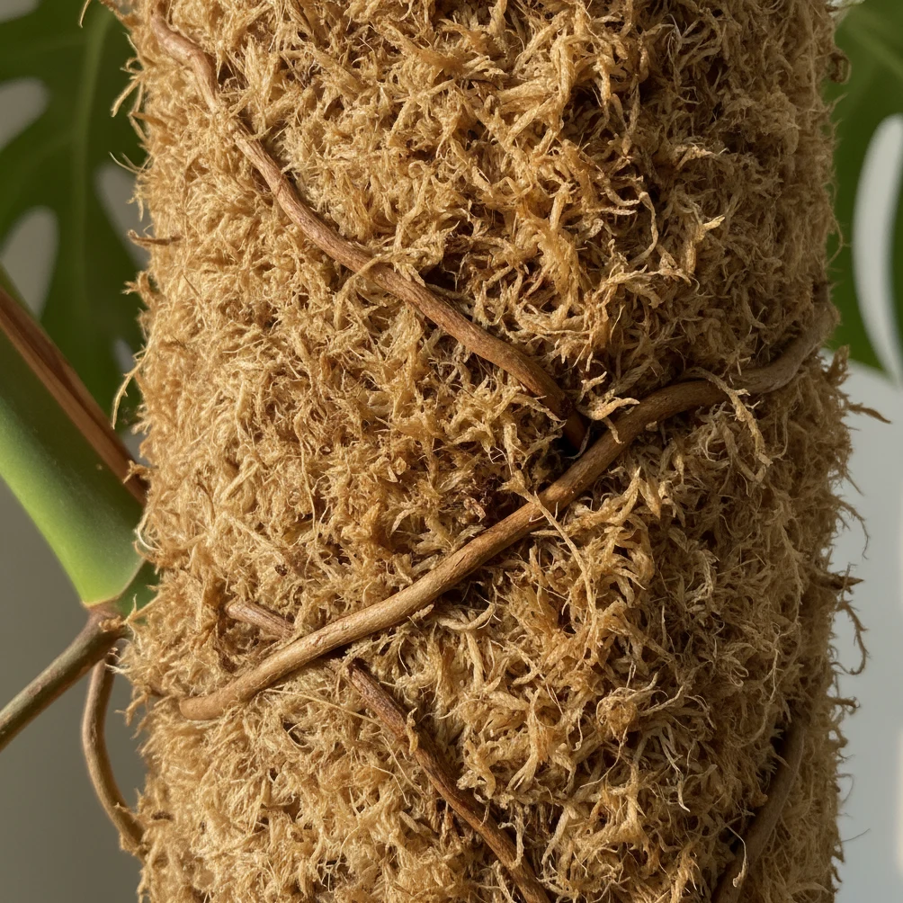 Monstera deliciosa avec ses racines aériennes accrochées à un tuteur en mousse de coco