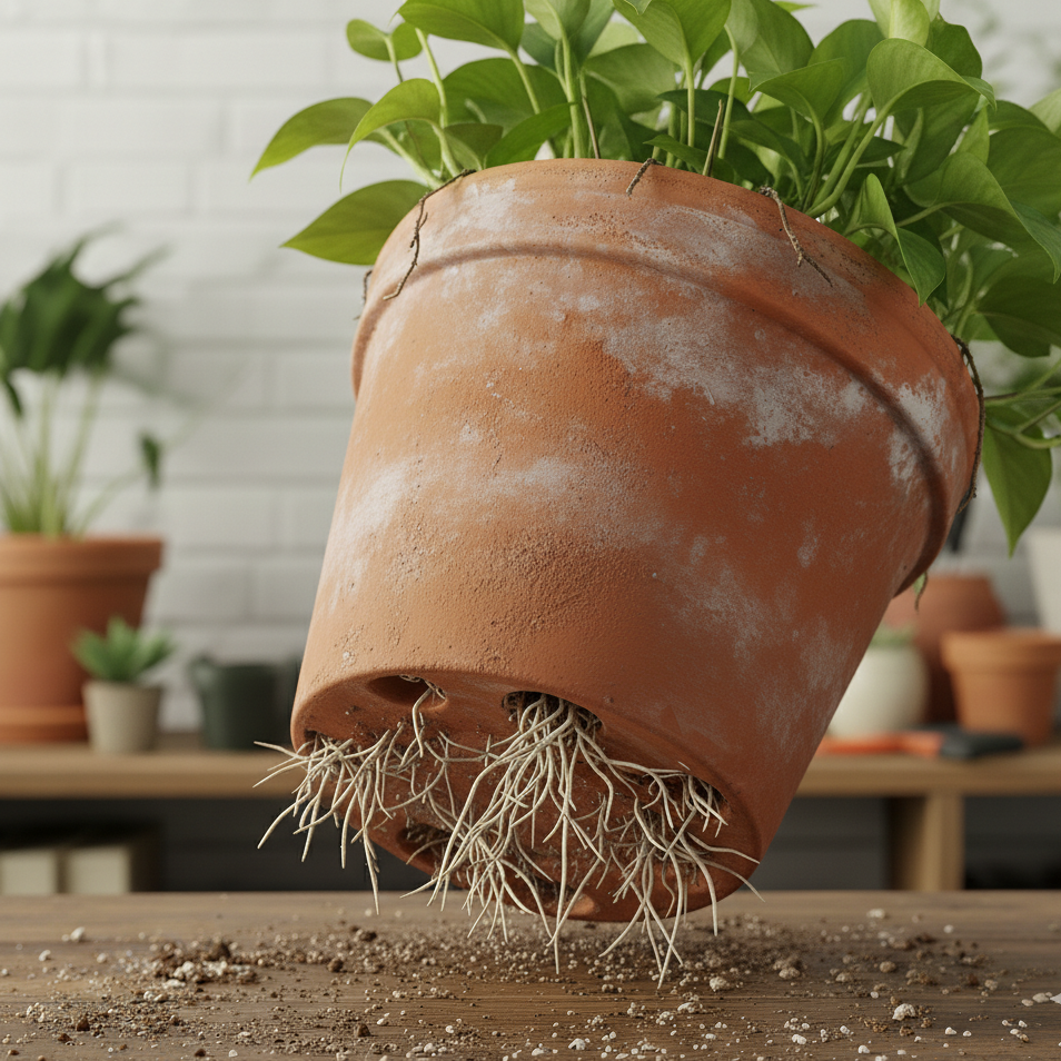 Racines de plante tropicale débordant par les trous de drainage d'un pot en terre cuite