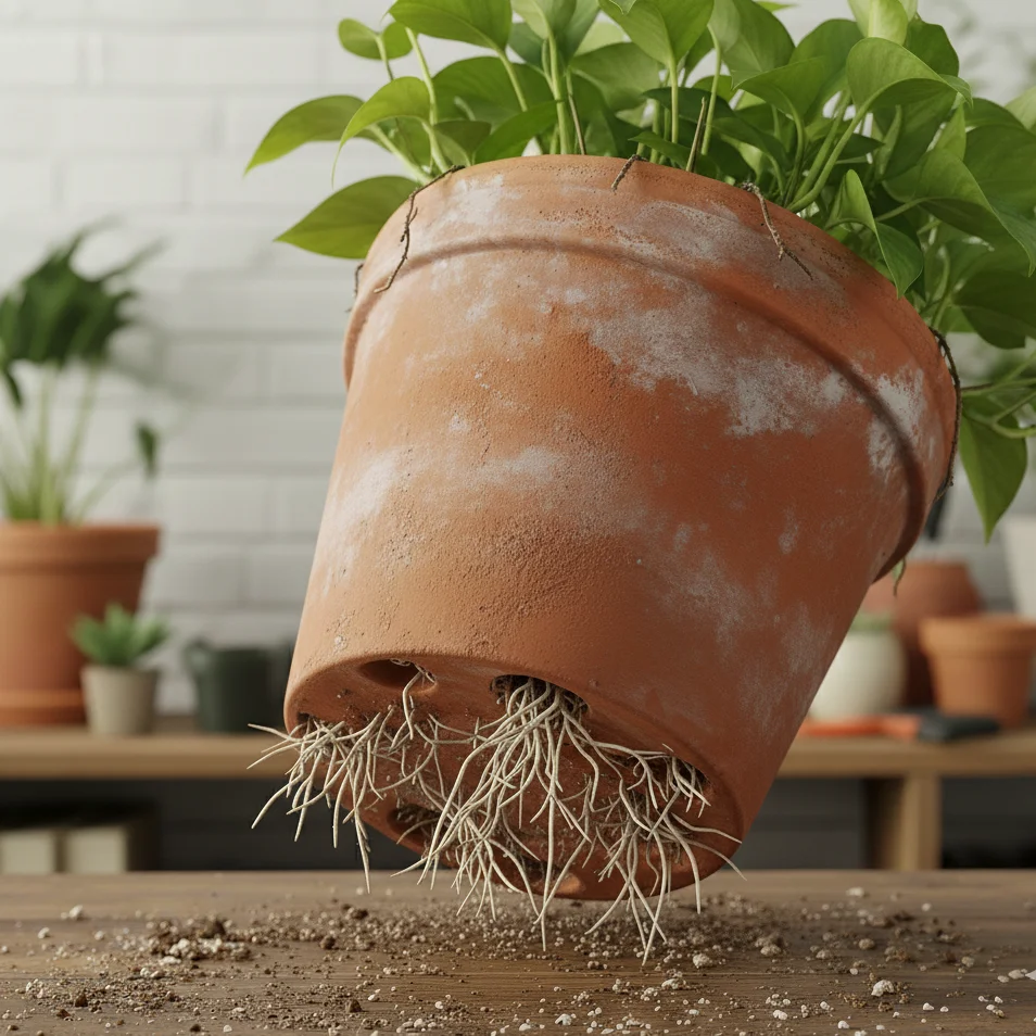 Racines de plante tropicale débordant par les trous de drainage d'un pot en terre cuite