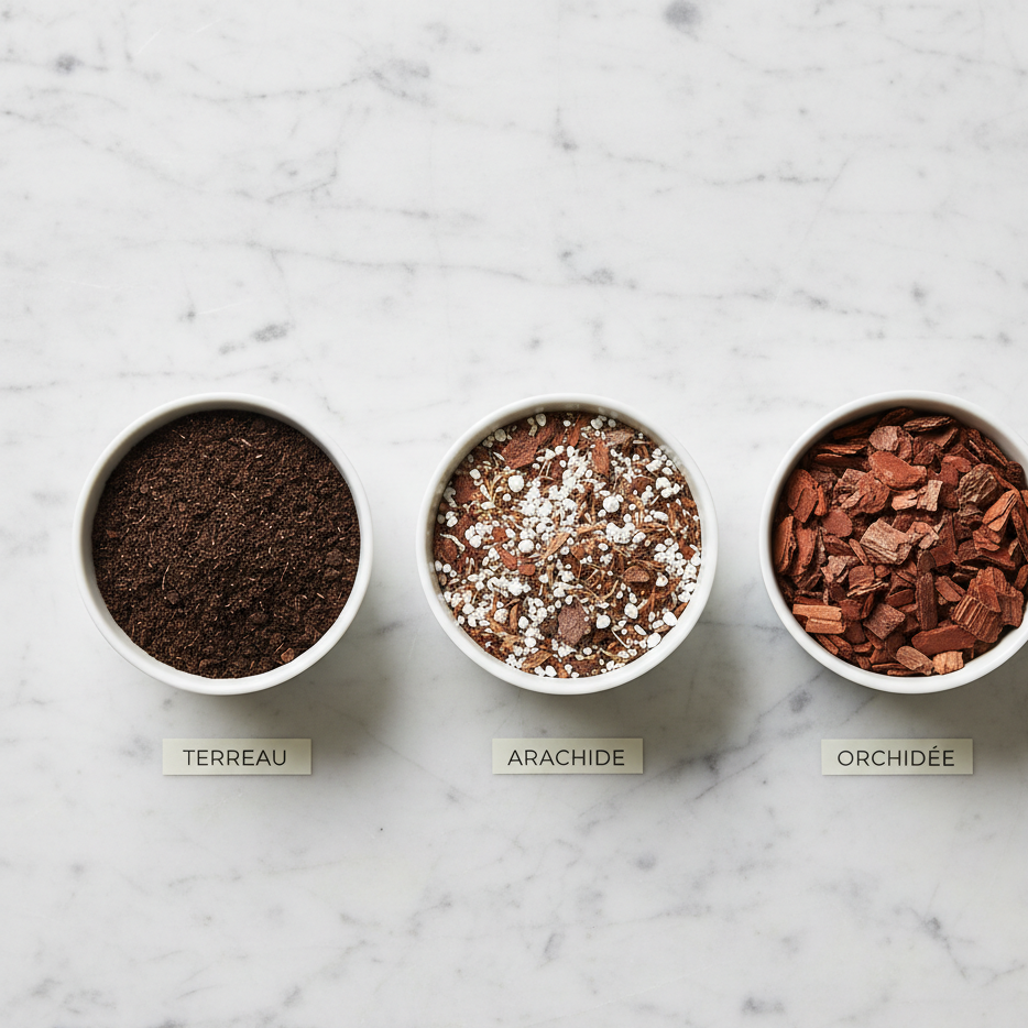 Trois types de substrat pour plantes tropicales comparés côte à côte : terreau universel, mélange aéré, substrat orchidée