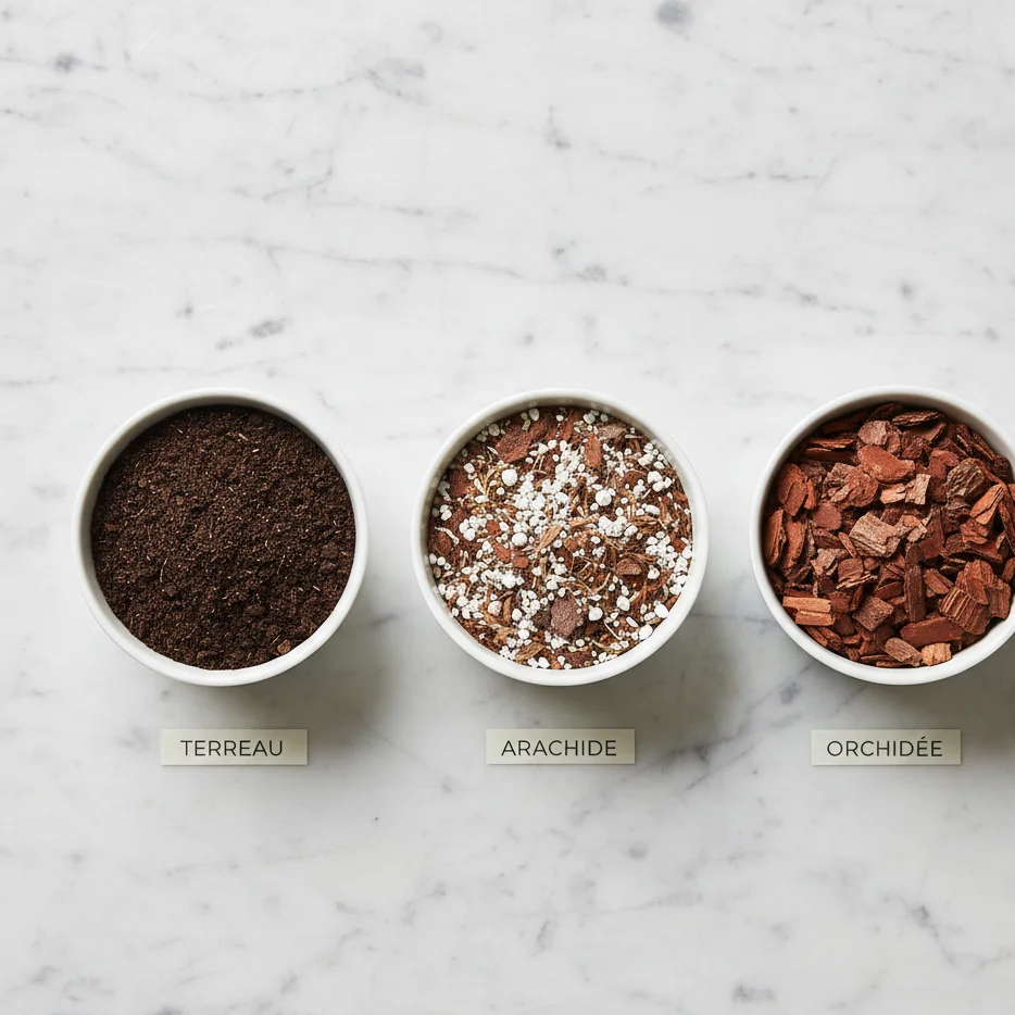 Trois types de substrat pour plantes tropicales comparés côte à côte : terreau universel, mélange aéré, substrat orchidée