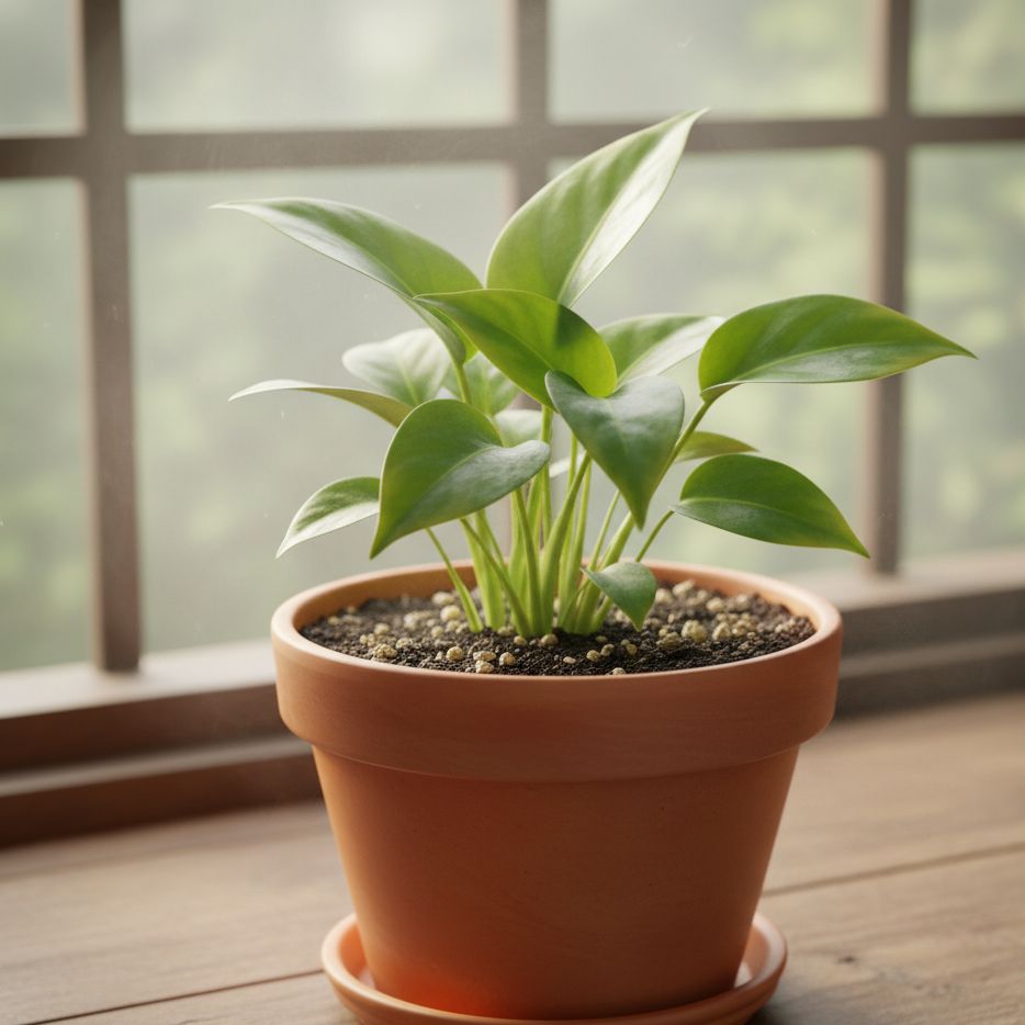 Plante tropicale fraîchement rempotée dans un pot en terre cuite sur un rebord de fenêtre avec lumière naturelle