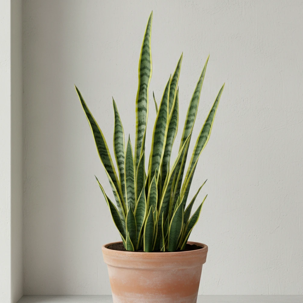 Sansevieria trifasciata 'Laurentii' adulte en pot de terre cuite — feuilles dressées avec panachure dorée