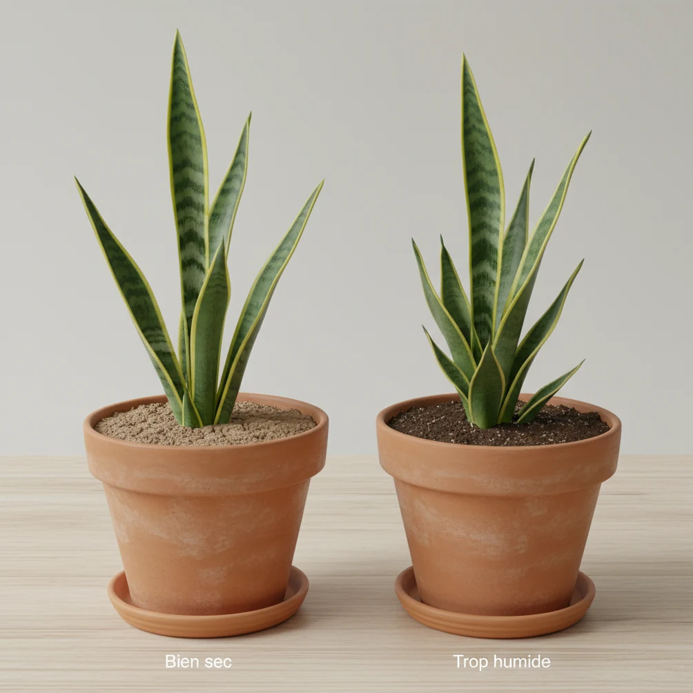 Comparaison arrosage Snake Plant : substrat sec (correct) vs. substrat trop humide