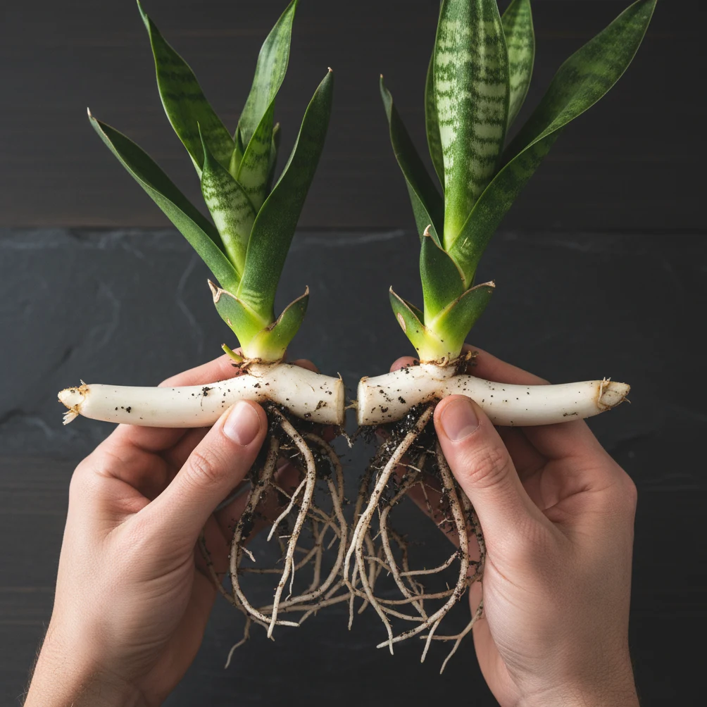 Division d'un Sansevieria trifasciata — rhizomes et racines saines visibles