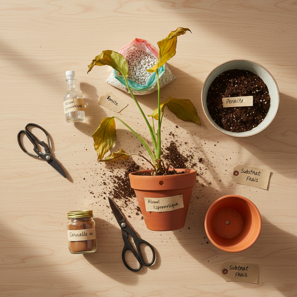 Kit de sauvetage d'une plante tropicale en détresse : outils, substrat, perlite et alcool isopropylique