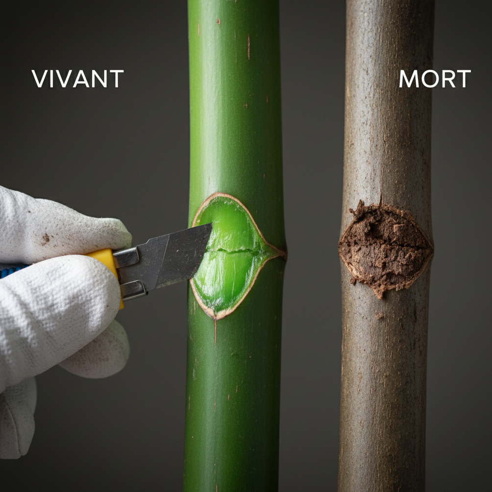 Test du grattage sur deux tiges : tissu vert vivant à gauche, tissu brun mort à droite