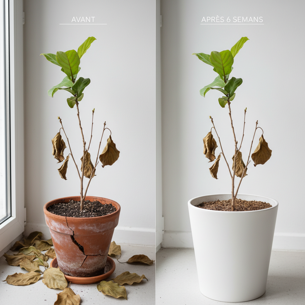 Avant / après sauvetage d'un Ficus lyrata : plante en détresse puis reprise 6 semaines plus tard