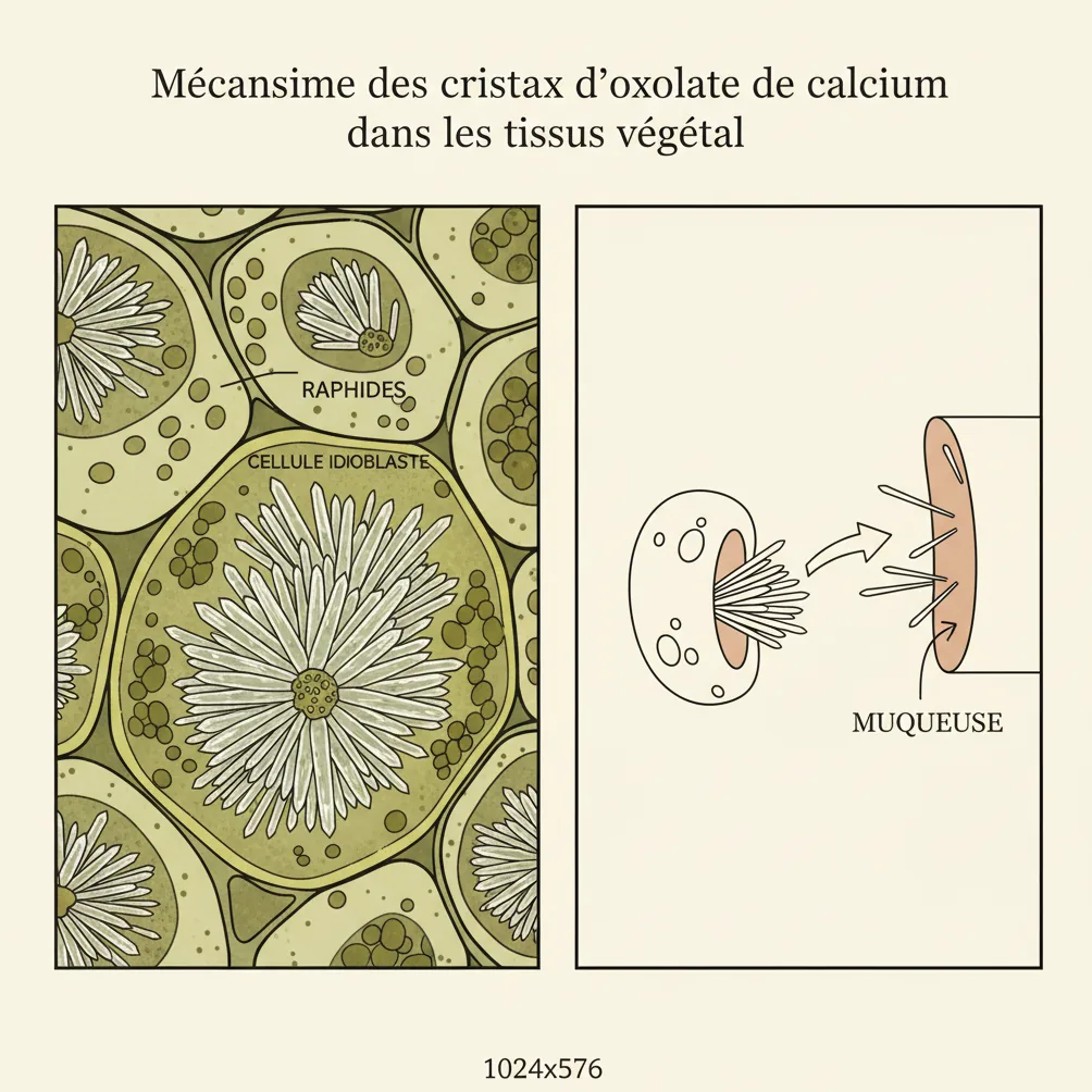 Mecanisme des cristaux d'oxalate de calcium (raphides) dans les tissus foliaires de Dieffenbachia