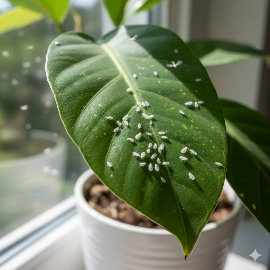 Aleurodes adultes blancs sur la face inférieure d'une feuille tropicale