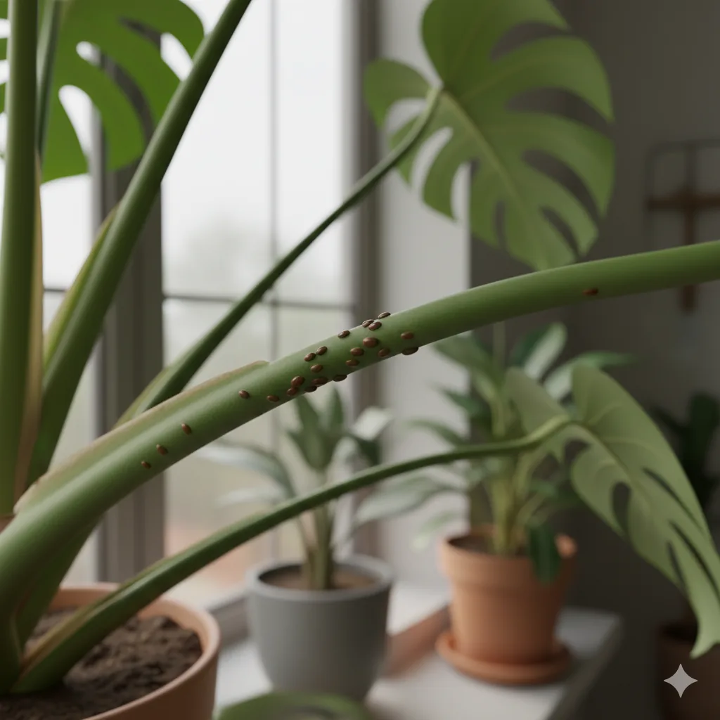 Cochenilles à carapace sur tige de plante tropicale