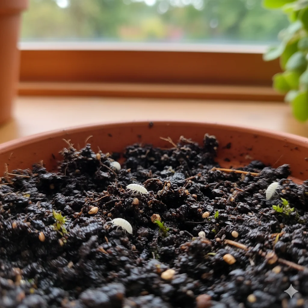 Collemboles (springtails) dans le substrat d'une plante d'intérieur