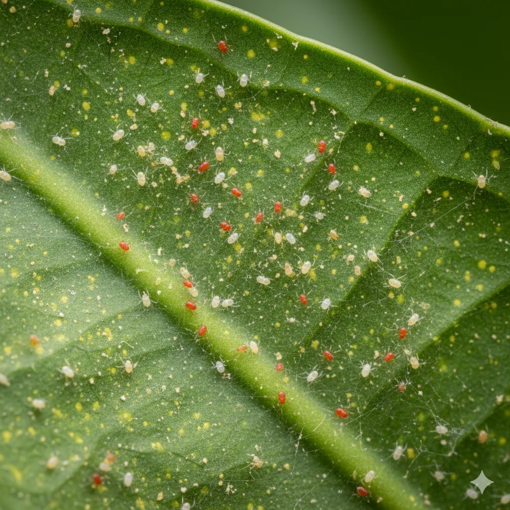 Vue macro d'acariens — toiles fines et points sur feuille