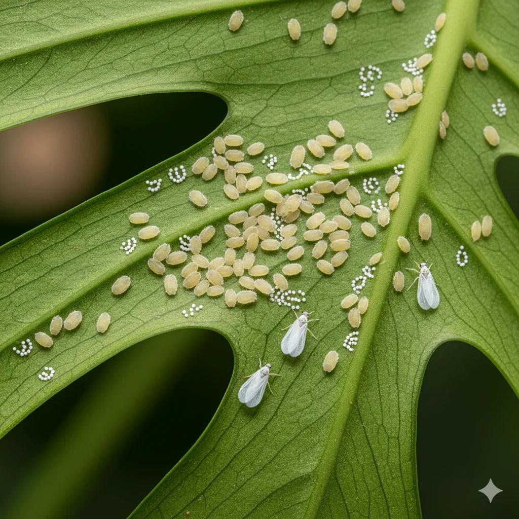 Vue macro des larves écailleuses d'aleurodes fixées sous une feuille
