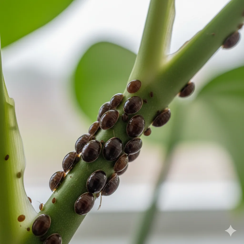 Vue macro de cochenilles à carapace — bosses brunes sur tige