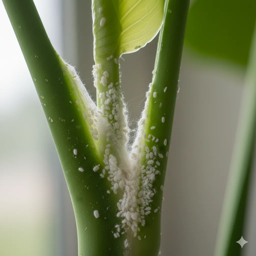 Vue macro de cochenilles farineuses — amas cotonneux blancs