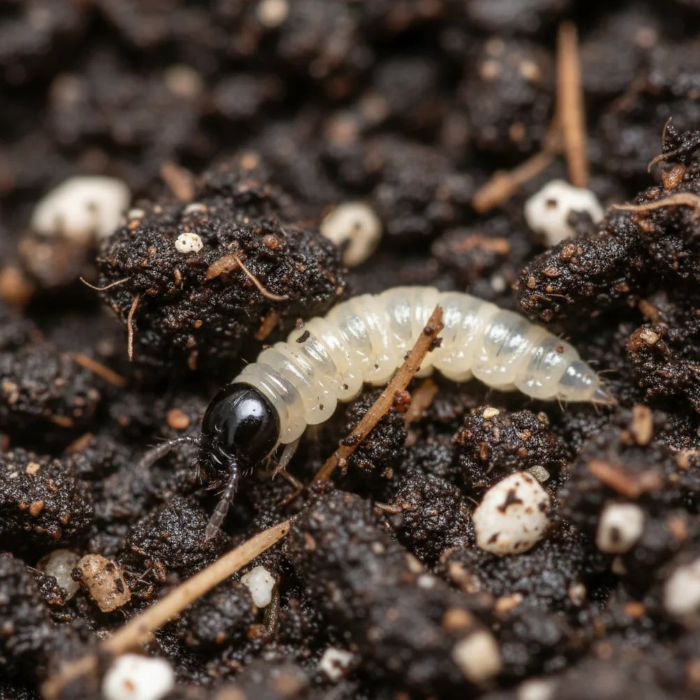 Vue macro d'une larve de sciaride dans le substrat — tête noire, corps blanc translucide